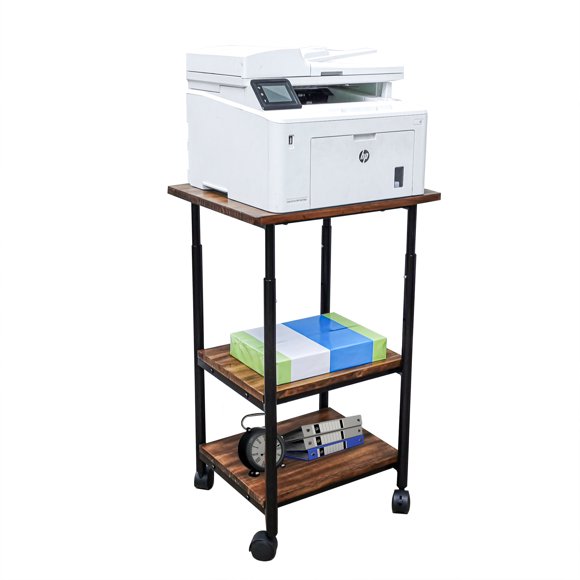 Table Top, 3-Tier Printer Table AV Cart, Height Adjustable, 19X16X30" 3-Shelf Office Machine Cart with Wheels, Heavy Duty Storage Rack for Office and Home, Rustic Brown + Black Work Station Table