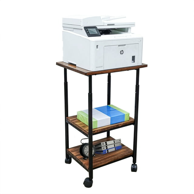Table Top, 3-Tier Printer Table AV Cart, Height Adjustable, 19X16X30" 3-Shelf Office Machine Cart with Wheels, Heavy Duty Storage Rack for Office and Home, Rustic Brown + Black Work Station Table