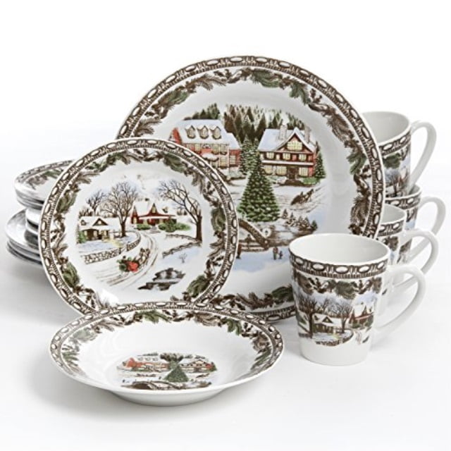 Gibson Home Christmas Toile 16 Piece Dinnerware Set, Multicolor 102001.16RM