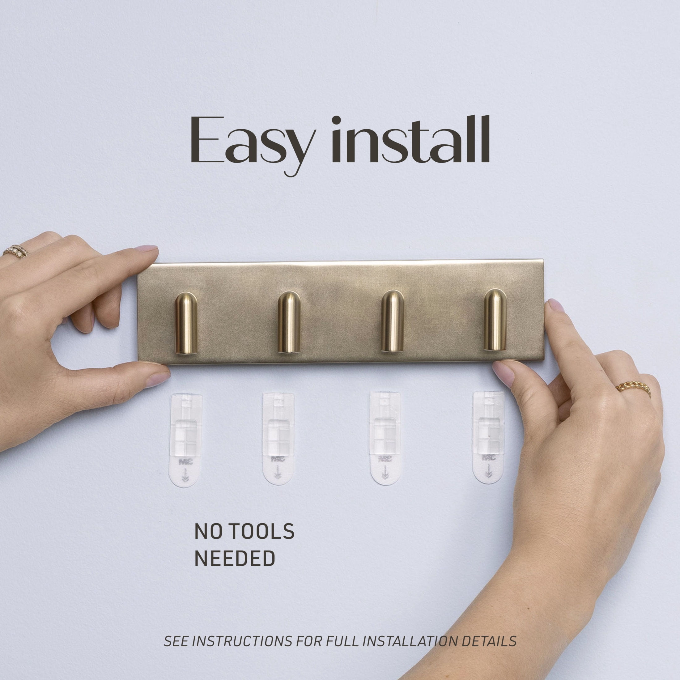 Command Decor Metal Key Rail, Brushed Brass, Strong Hold, 1 Hook Rail, 8 Small Adhesive Strips