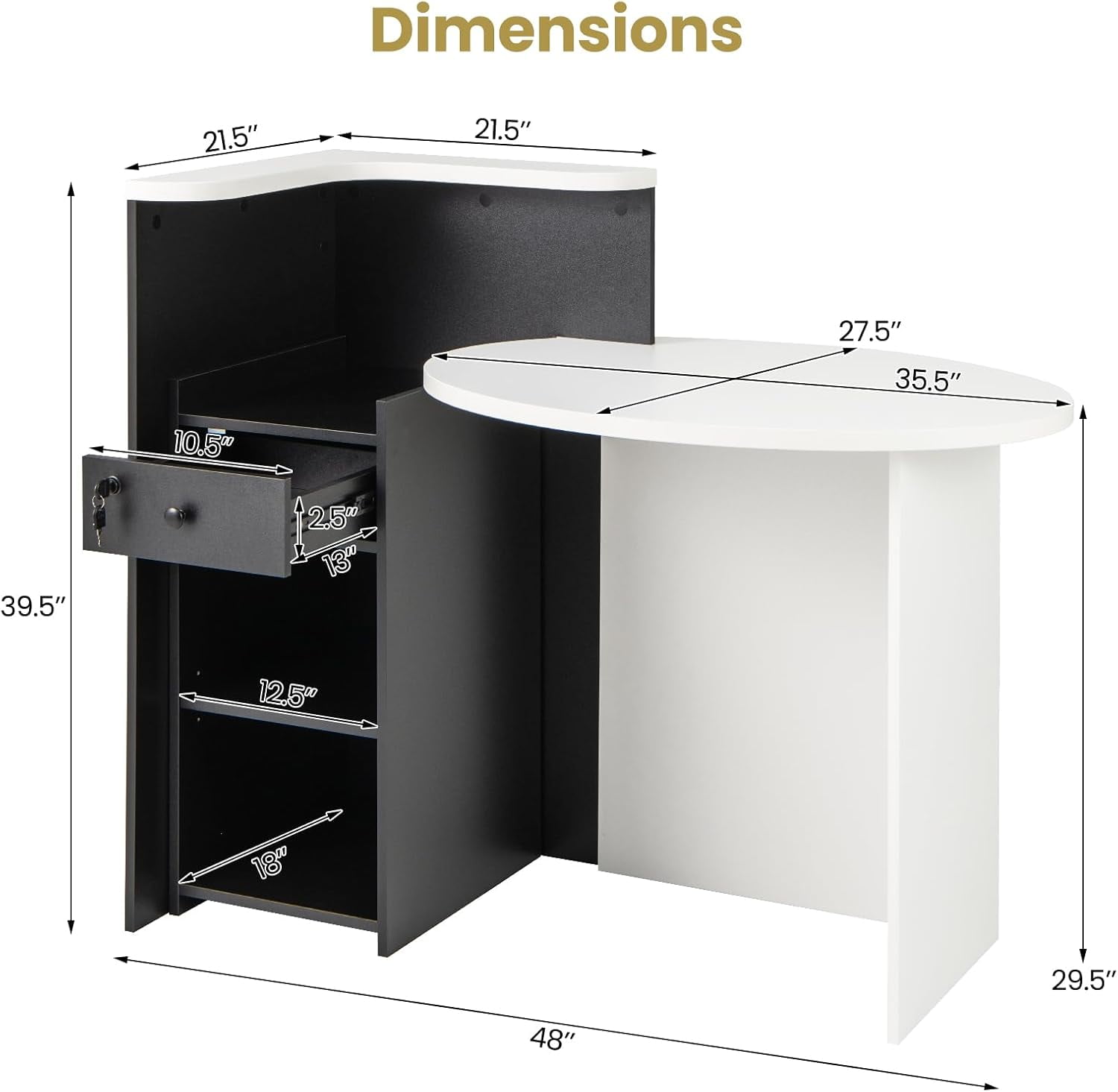 Reception Desk, Small Retail Checkout Counter with Lockable Drawer and Open Shelves, Wooden Front Desk Reception Counter, Oval Desktop & L Counter for Store Office Lobby Salon (White & Black)