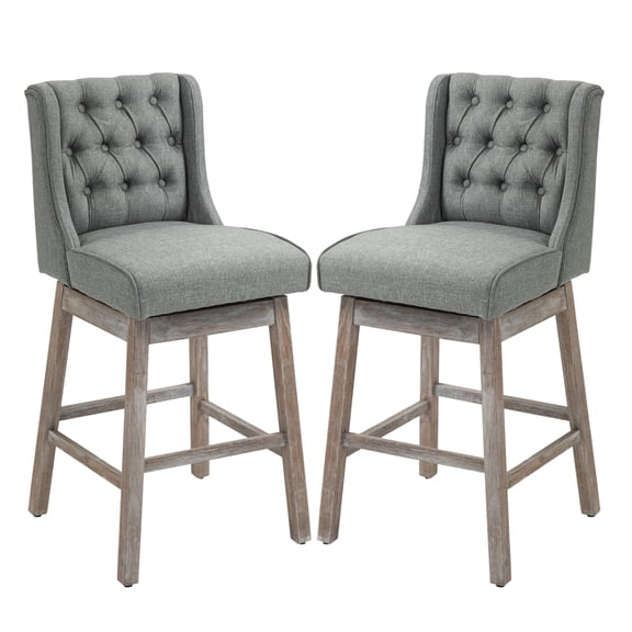 Bar Height Bar Stools Set of 2, 30" Swivel Bar Chairs with Wood Footrest, Button Tufted Gray for Kitchen Island, Home Bar, Counter