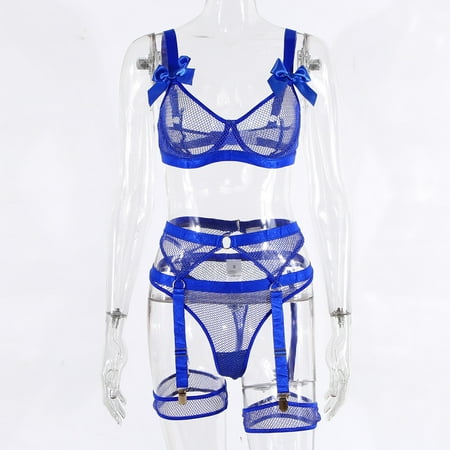 Generic Women s Lace Bow Mesh See-through Adult Sexy Lingerie Three-Piece Set 21774