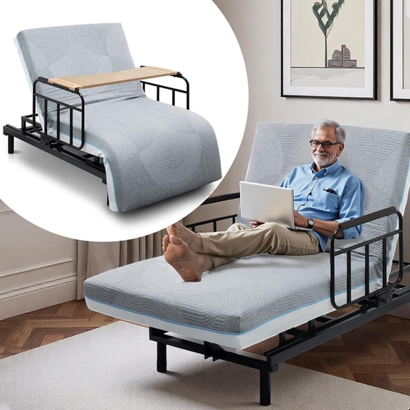 Electric Adjustable Bed Frame for Seniors with Remote Control, Memory Foam Mattress, 90° Rotatable Safety Handrails, Detachable Dining Tray & Easy Installation