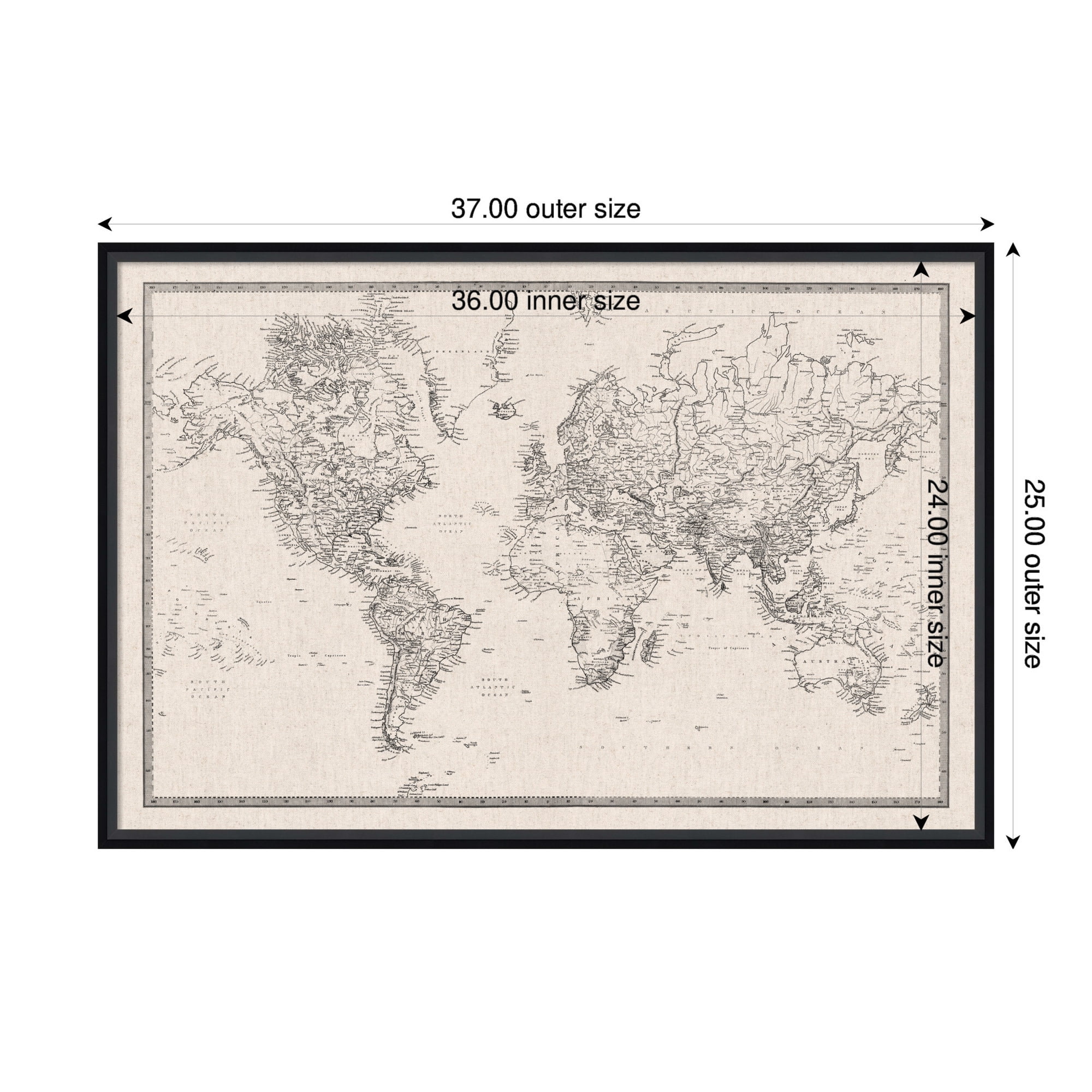 Kate and Laurel Framed Fabric Pinboard 37 x 25, Vintage Black and White Linen World Map Printed Linen Modern Bulletin Board for Use as a Vision Board or Wall Organization, Lucie Black Frame