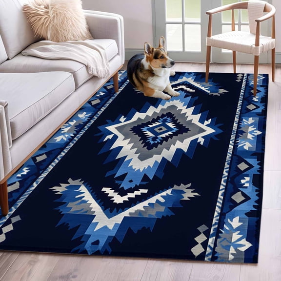 3'x5' Area Rugs, Boho Navy Blue Grey Indoor Outdoor Area Rug for Living Room Bedroom, Ethnic Geometric Southwestern Retro Washable Bathroom Rugs Kitchen Floor Carpet Mats Home Decor Aesthetic