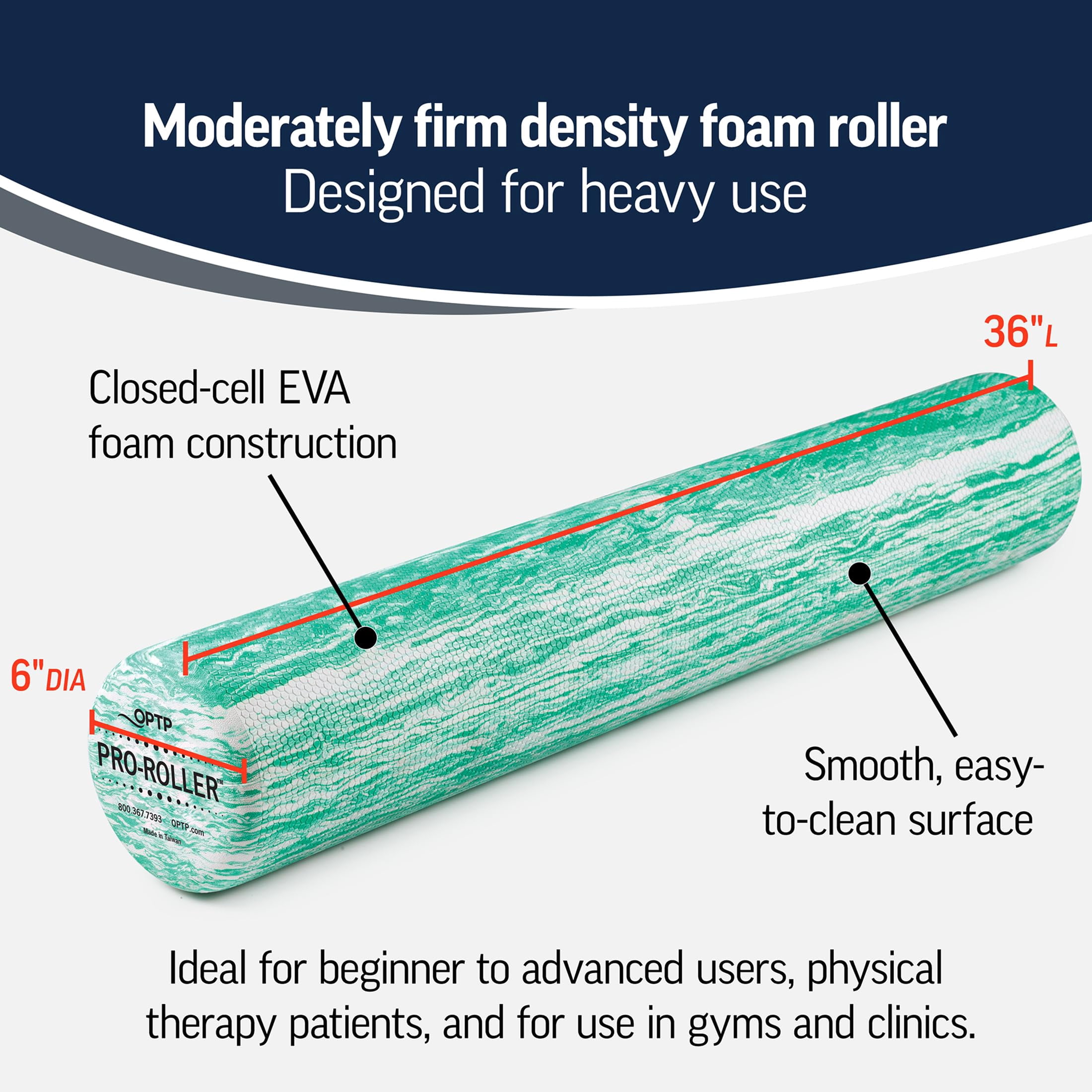 OPTP PRO-ROLLER Standard Density Foam Roller - Durable Roller for Back Massage, Deep Tissue Foam Roller Exercises, Stretching, Fitness, Yoga and Pilates - 36 Inches by 6 Inches, Green