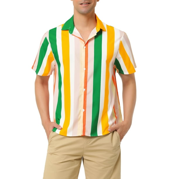 Unique Bargains Men's Summer Striped Shirt Short Sleeve Button Down