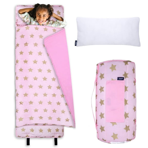 Wildkin Original Nap Mat with Pillow for Boys and Girls, Features Hook and Loop Fastener, Roll-Up Design, Soft Cotton Blend Materials (Pink and Gold Stars)