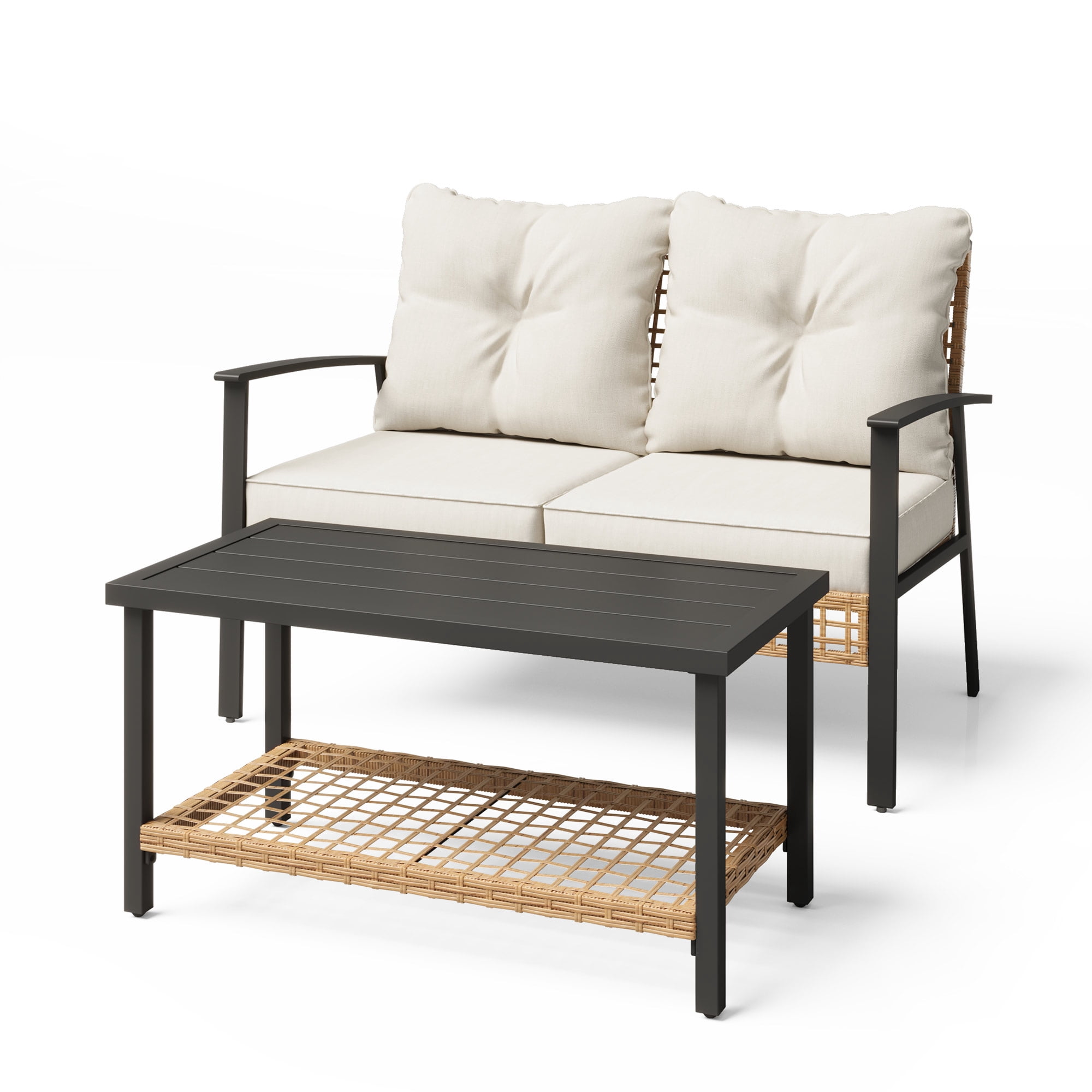 LAUSAINT HOME 2 Pieces Patio Conversation Set, 1 Loveseat and 1 Coffee Table with Beige Cushions