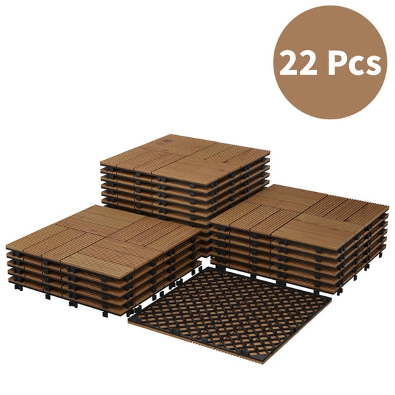 EuKer 22 Pcs Interlocking Deck Tiles, Acacia Wood Flooring for Patio, Balcony, Poolside, Brown (21 Sq.ft Total Coverage)