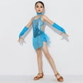 thumbnail image 2 of Moxiu Tassel Arm Sleeves Sequin Outfit for Girls 3-12 Years - Crop Sequin Top Metallic Shorts Dance Recital Costumes Sky Blue,5 Years, 2 of 6
