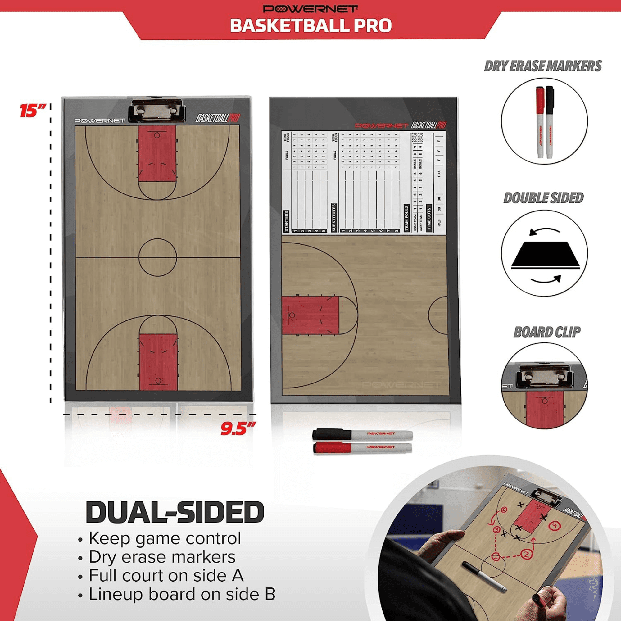PowerNet Basketball Magnetic Coaching Clipboard, Double Sided Dry Erase Board Clipboard, Basketball Whiteboard with Line Up Chart, Weatherproof Coach Clipboard, Includes 2 Dry Erase Markers