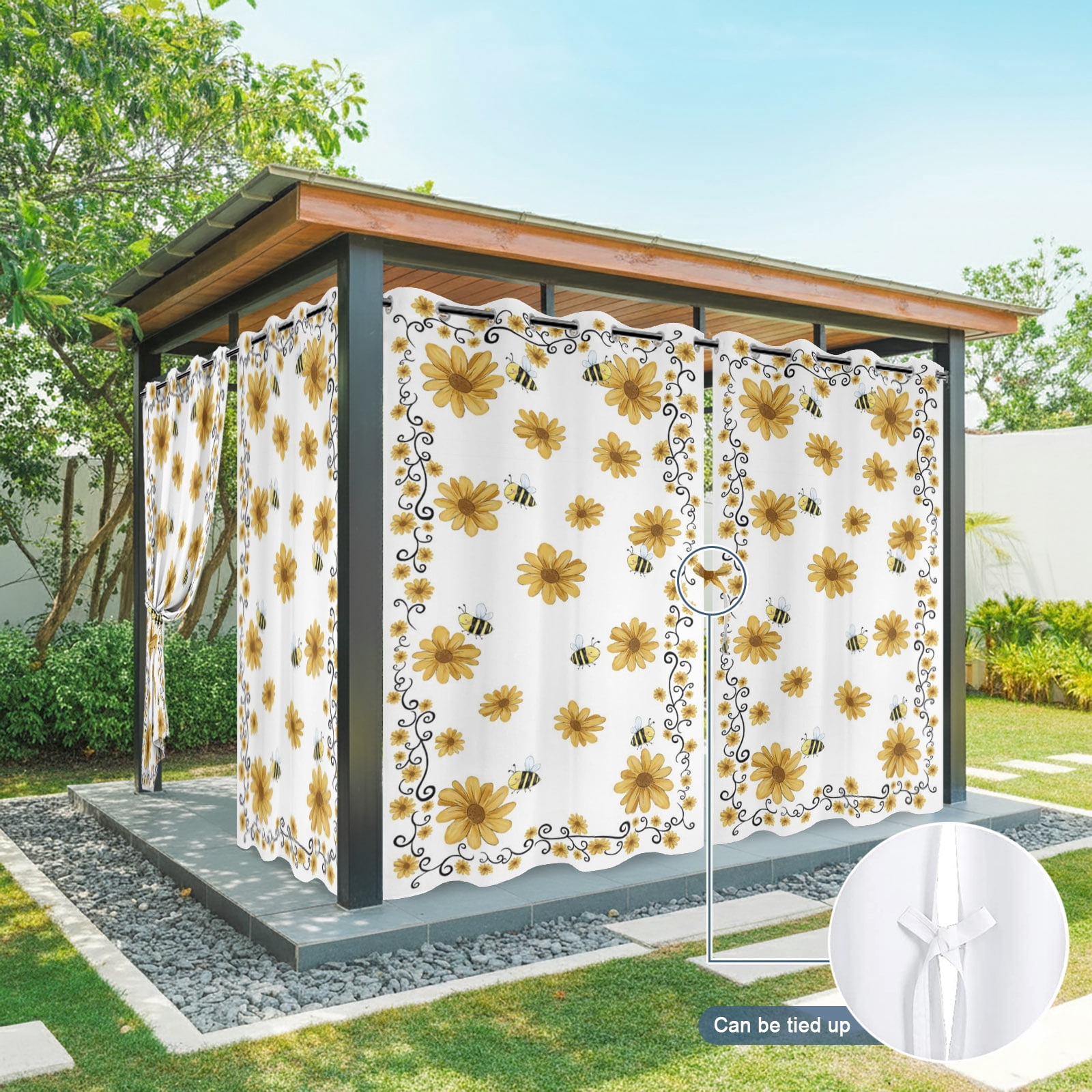 Yellow Daisy Outdoor Curtains for Patio, Bee Rustic Farmhouse Wildflowers Floral Sunshade Privacy Drapes Grommet Waterproof Outside Curtains for Porch/Cabana/Balcony 54"x 108", 1 Panel