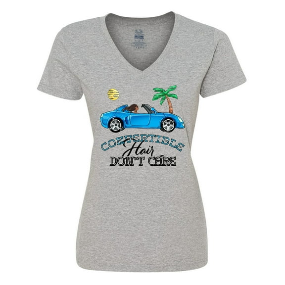 Inktastic Convertible Hair Don't Care with Black Hair and Blue Car Women's V-Neck T-Shirt