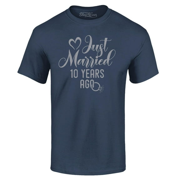 Shop4Ever Men's Just Married 10 Years Ago 10th Wedding Anniversary Graphic T-shirt Small Navy