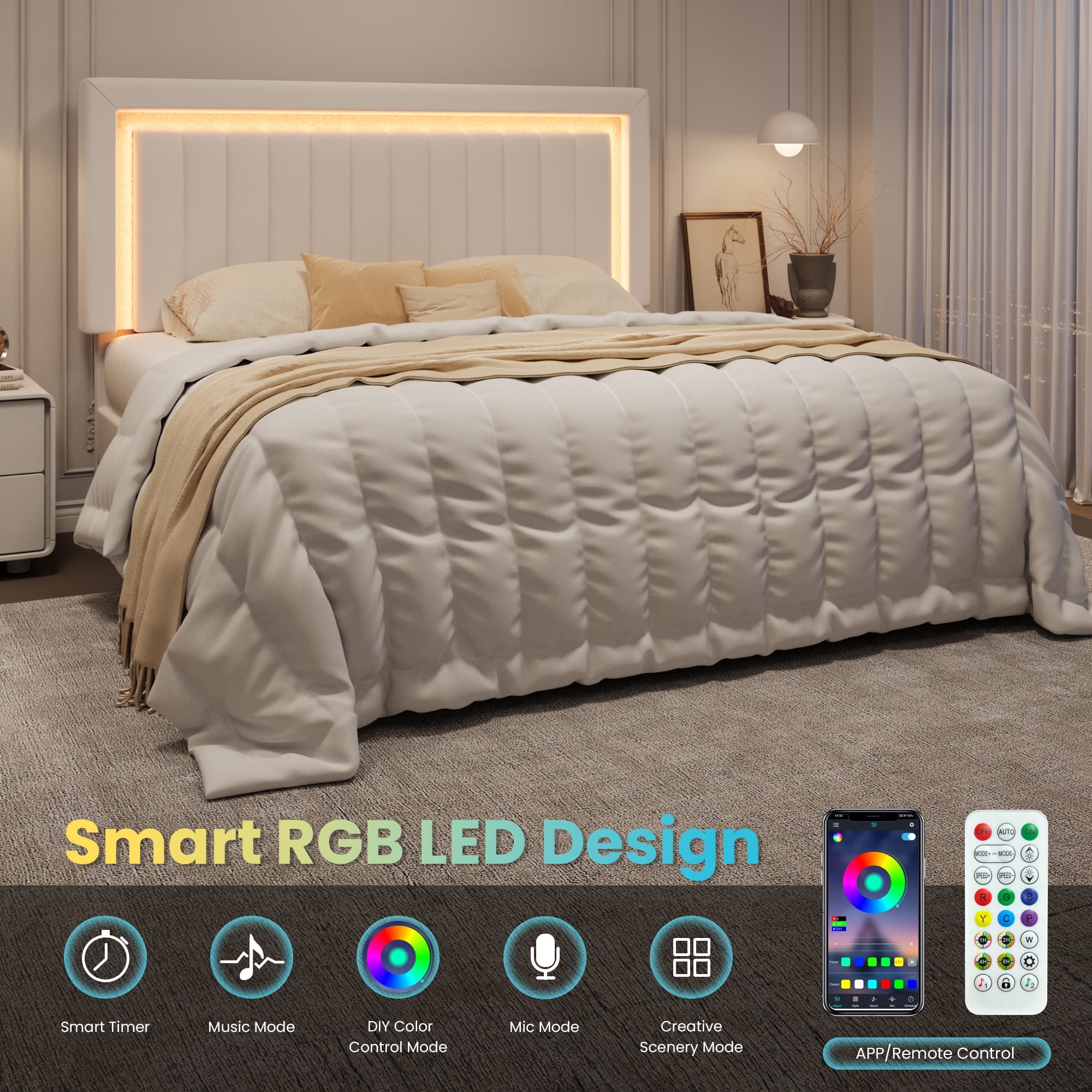 SHA CERLIN King Size Velvet Bed Frame with LED Light, Adjustable Vertical Channel Tufted Headboard, Strong Wooden Slats Support, Noise-Free, No Box Spring Needed, White