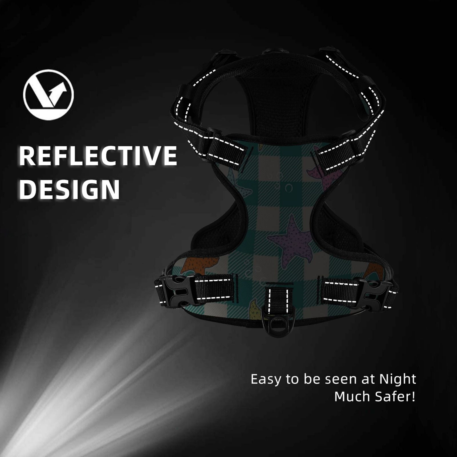 Kdxio Starfish On Checkered Background Print No Pull Dog Harness Adjustable Reflective Oxford Easy Control Medium Large Dog Harness for Training and Everyday-X-Large