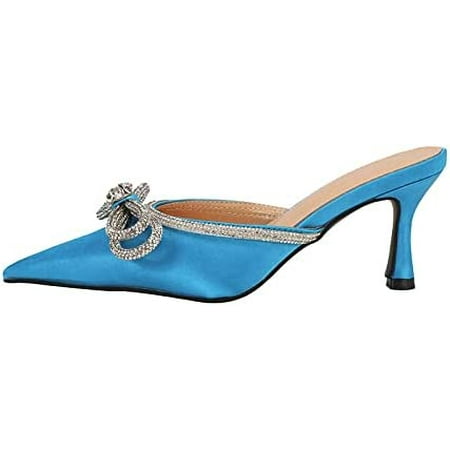 

Women s Satin Pumps Rhinestone Bow High Heels Backless Slip-on Stilettos Sandals Kitten Heel Mules
