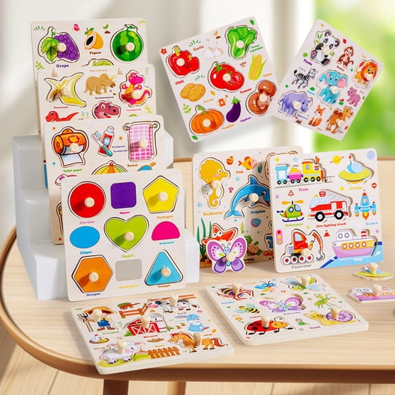 Twfbrm Wooden Peg Puzzle for 3 4 5 Years Old, Montessori Toddler Toys, Matching & Sorting Play Jigsaw Puzzle with Handle, Preschool Educational Learning Puzzle Toys for Girls and Boys