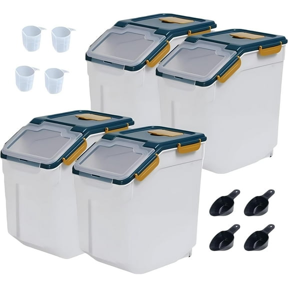 Large Flour Storage Container Bin 25lb, 4Pack Airtight Rice Storage Containers with Wheels Seal Locking Lid, BPA Free with Measuring Cup&Scoop for Flour, Rice, Grain(Blue)