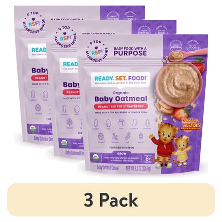 (3 pack) Ready, Set, Food! Organic Baby Oatmeal, 9 Top Allergens, Peanut Butter Strawberry, Stage 3, 8 oz