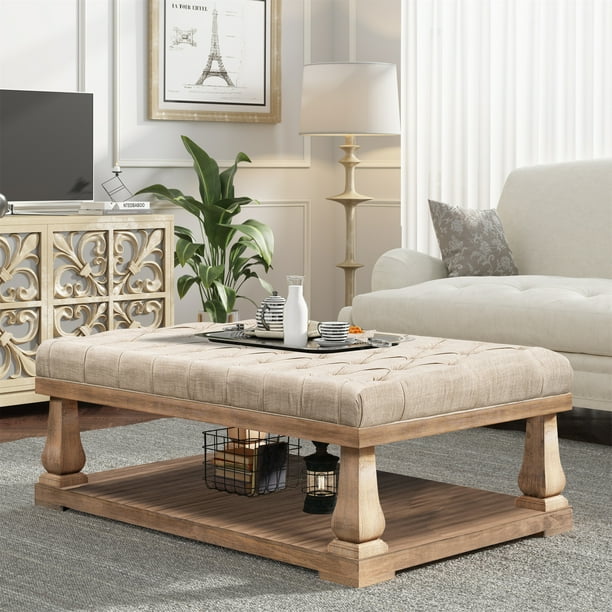 Upholstered Storage Bench With Wood Shelf Bed End Padded Seat Coffee Table Hallway Bedroom Living Room Beige Com Upholstered Storage Bench With Wood, Wooden Storage Bench Coffee Table