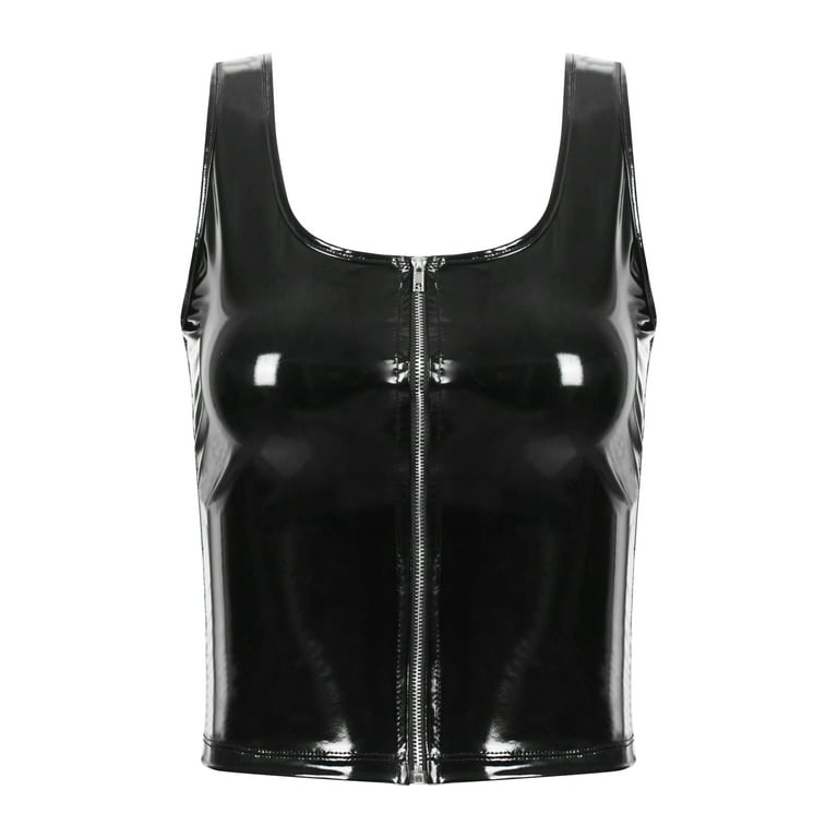 iiniim Women Faux Leather Sleeveless Square Neck PU Leather Crop Tank Tops  Zipper Vest Camisole