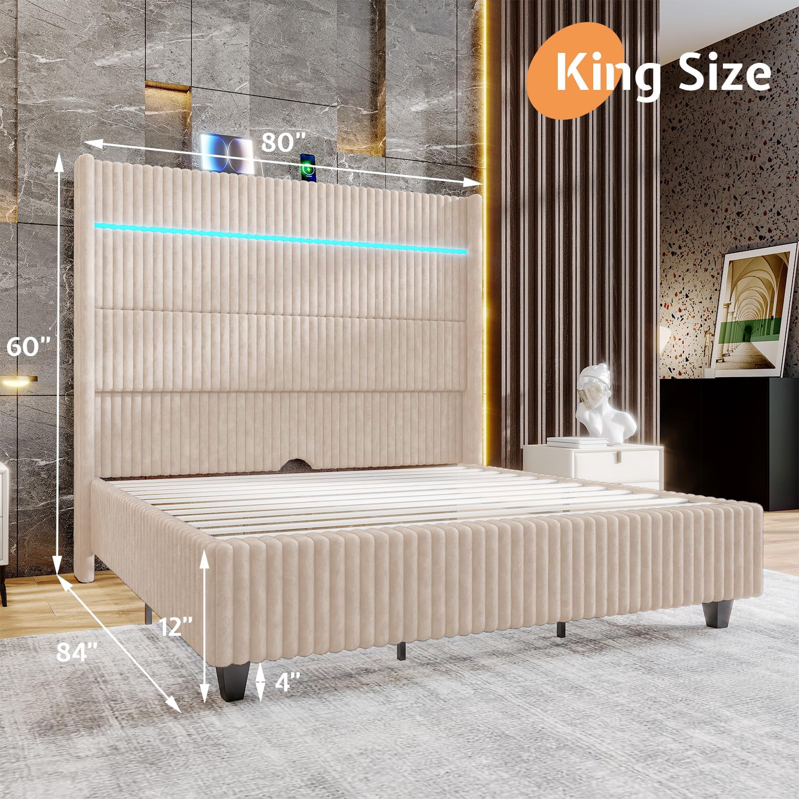 Merluxy King Bed Frame with LED Lights Charging Station,Corduroy Upholstered Platform Bed Frame with 60" Tall Wingback Headboard/Beige