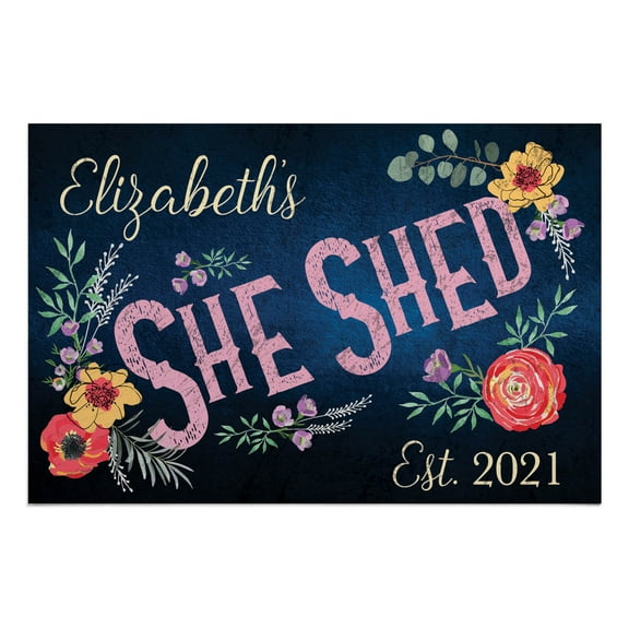 Personalized Planet 27x18 She Shed Doormat with Custom Personalization Printed on Black Rectangular 1/8” Thick Non Slip Mat for Work Area or Babe Cave