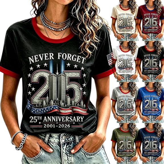 Never Forget 9/11 Womens Short Sleeve Tshirt 911 25th Anniversary American Flag Patriotic Memorial Tee Tops