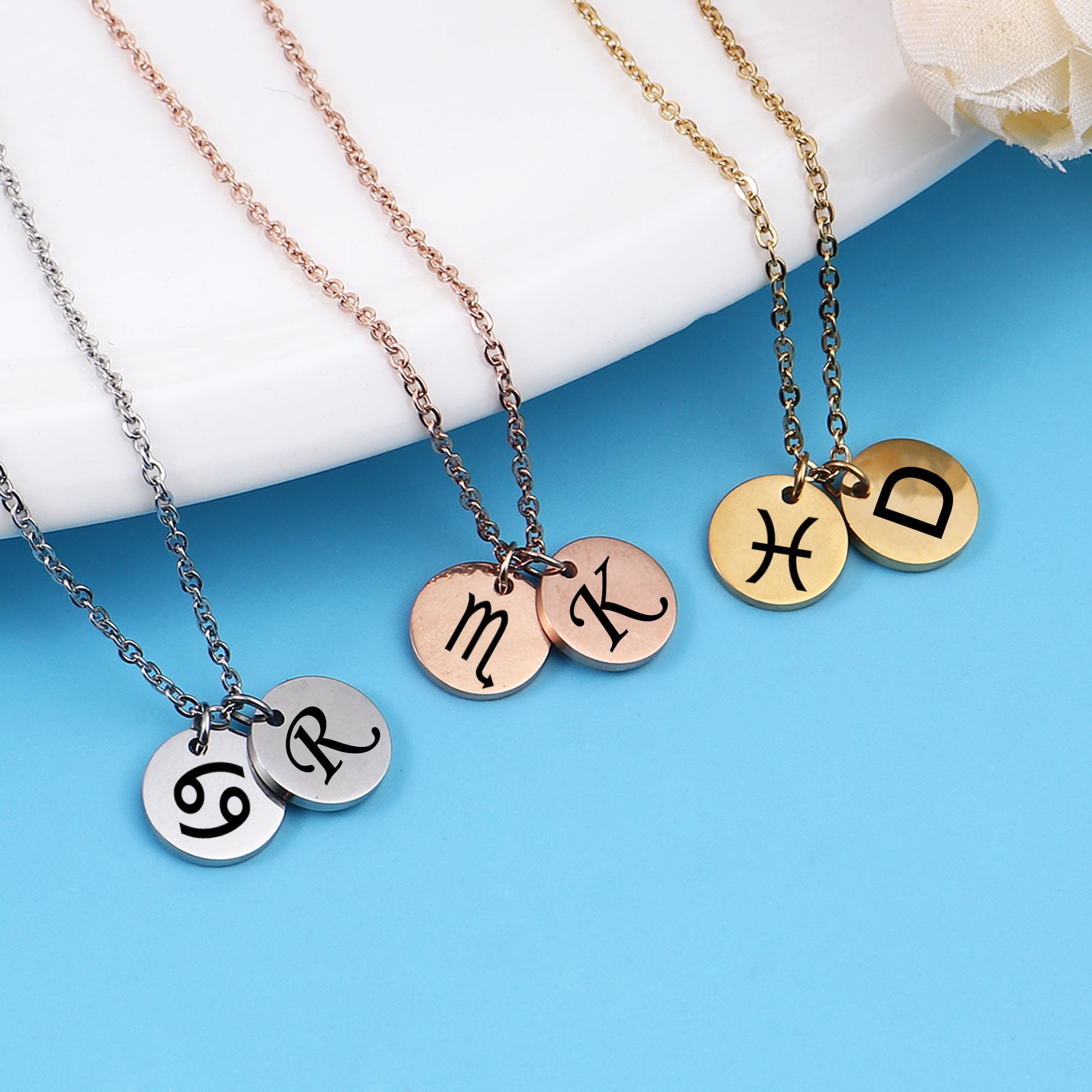 Personalized Round Constellation Initial Necklace - Engraved Zodiac Symbol Jewelry - Christmas Gift for Her - Stainless Steel - 18" Chain - Silver Scorpio