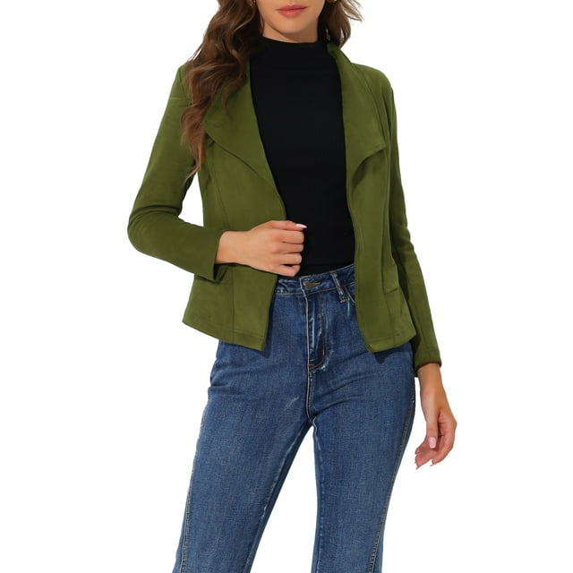 INSPIRE CHIC Women's Faux Suede Drape Blazer Collar Long Sleeves Open Front Jacket S Army Green
