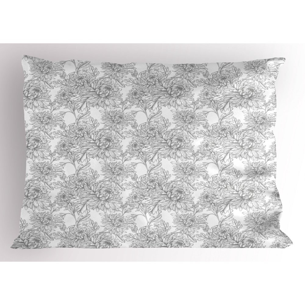 Grey and White Pillow Sham, Vintage Chrysanthemum Flowers in Soft Tones