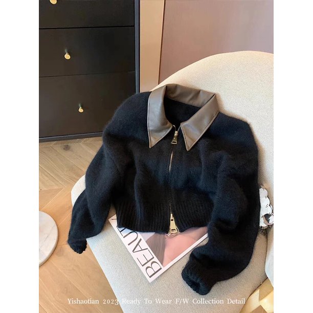 French Vintage Knitted Pullover Women Classical Oversized Sweater Turn-Down Collar Long Sleeve Cardigan Korean Y2K Streetwear