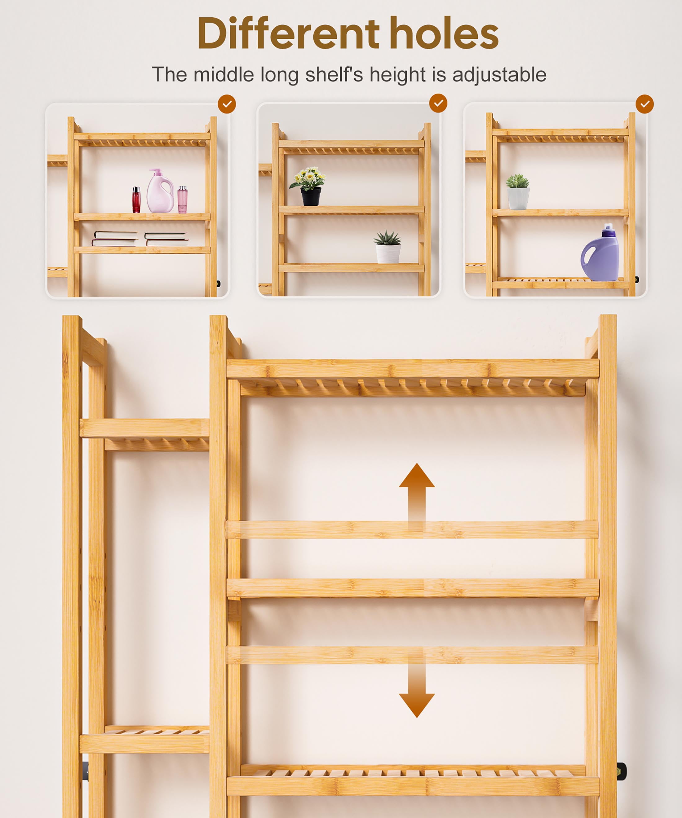Enogets Over the Toilet Storage, Bamboo Bathroom Organizer with Adjustable Rack, Basket, Drawer & Waterproof feet