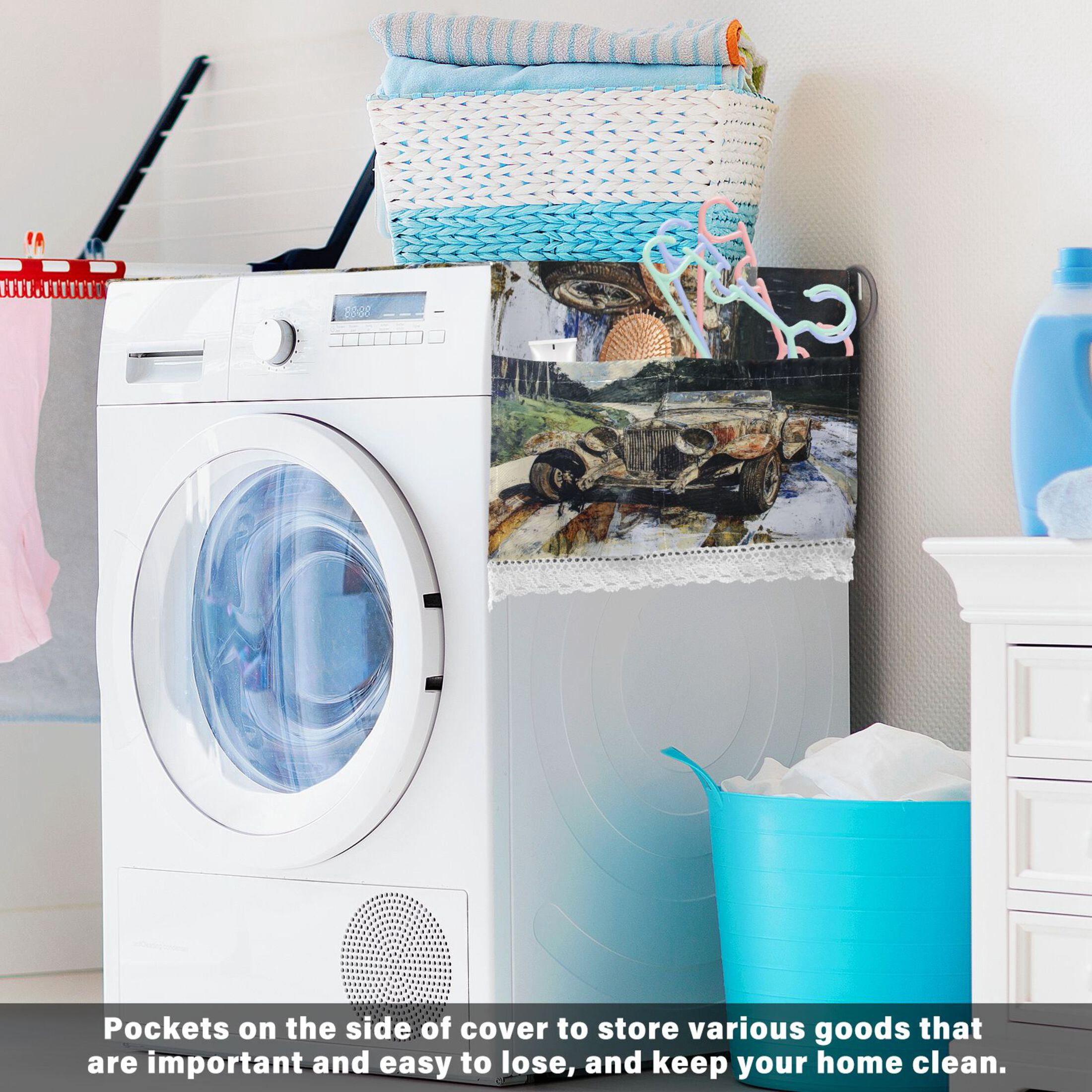 Ancient CarsWasher and Dryer Covers Dust-Proof and Oil Resistant Fridge Cover with 4 Storage Pockets Washing Machine Top Cover for Laundry Kitchen Home 51.2 x 22 In