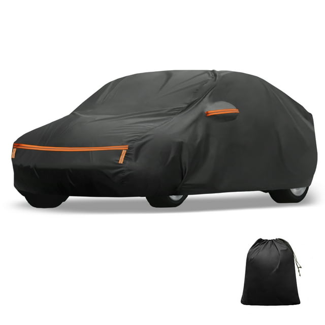 cubierta de coche impermeable unique bargains de aluminio y algodón para sedán, vista 3/4 frontal de sedán totalmente cubierto; tela negra con costura doble, franjas reflectantes naranjas, cremallera en puerta del conductor, correas antiviento y barra reflectante frontal visibles; incluye bolsa de almacenamiento negra. Dimensiones 510x190x125 cm; instalación fácil; protege contra polvo, lluvia, nieve y hojas.