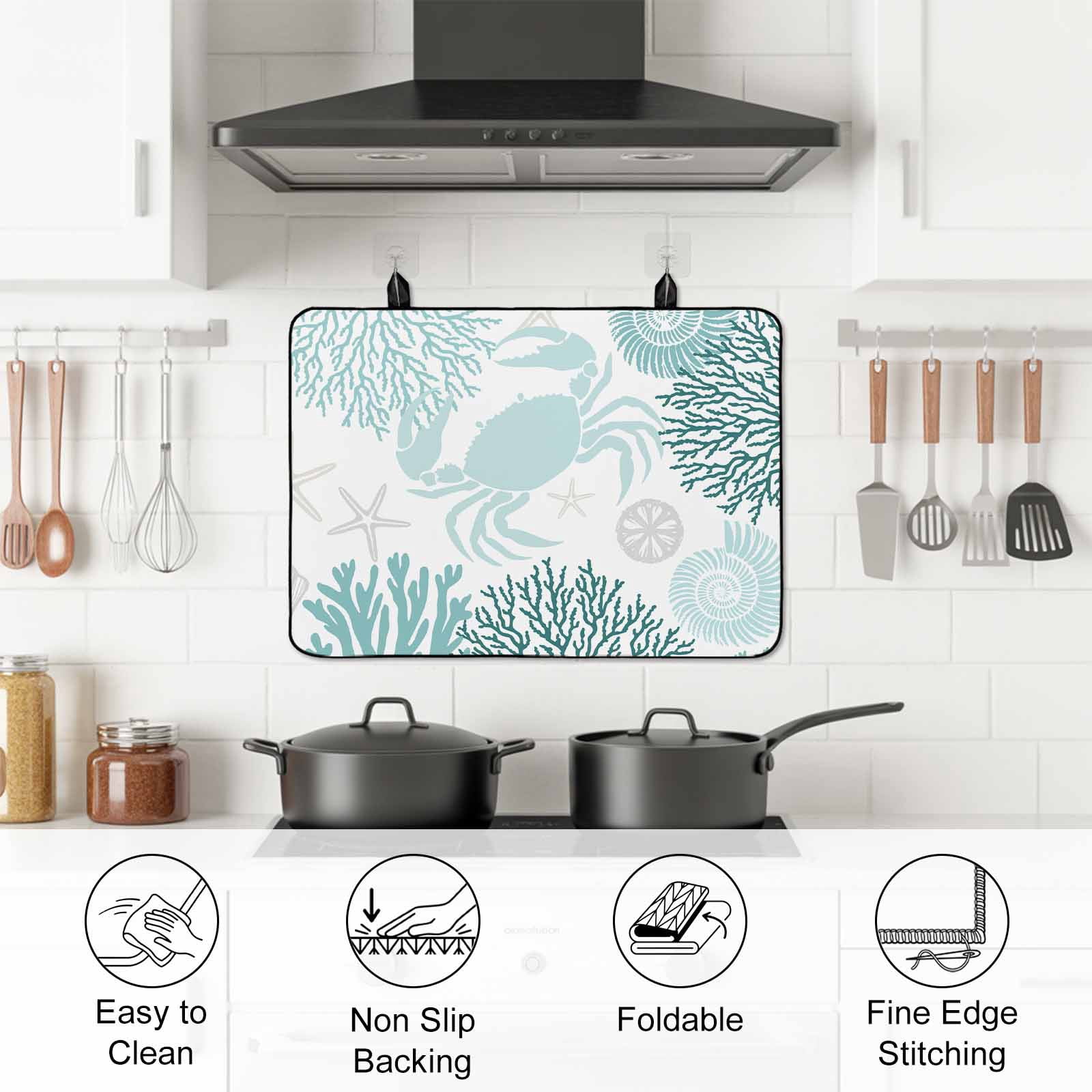 Teal Green Crab Coastal Stove Top Cover for Electric Stove, Heat-proof & Non Slip Glass Top Stove Cover Protector, Summer Coral Nautical Kitchen Flat Cooktop Rubber Mat 24x21 Inches