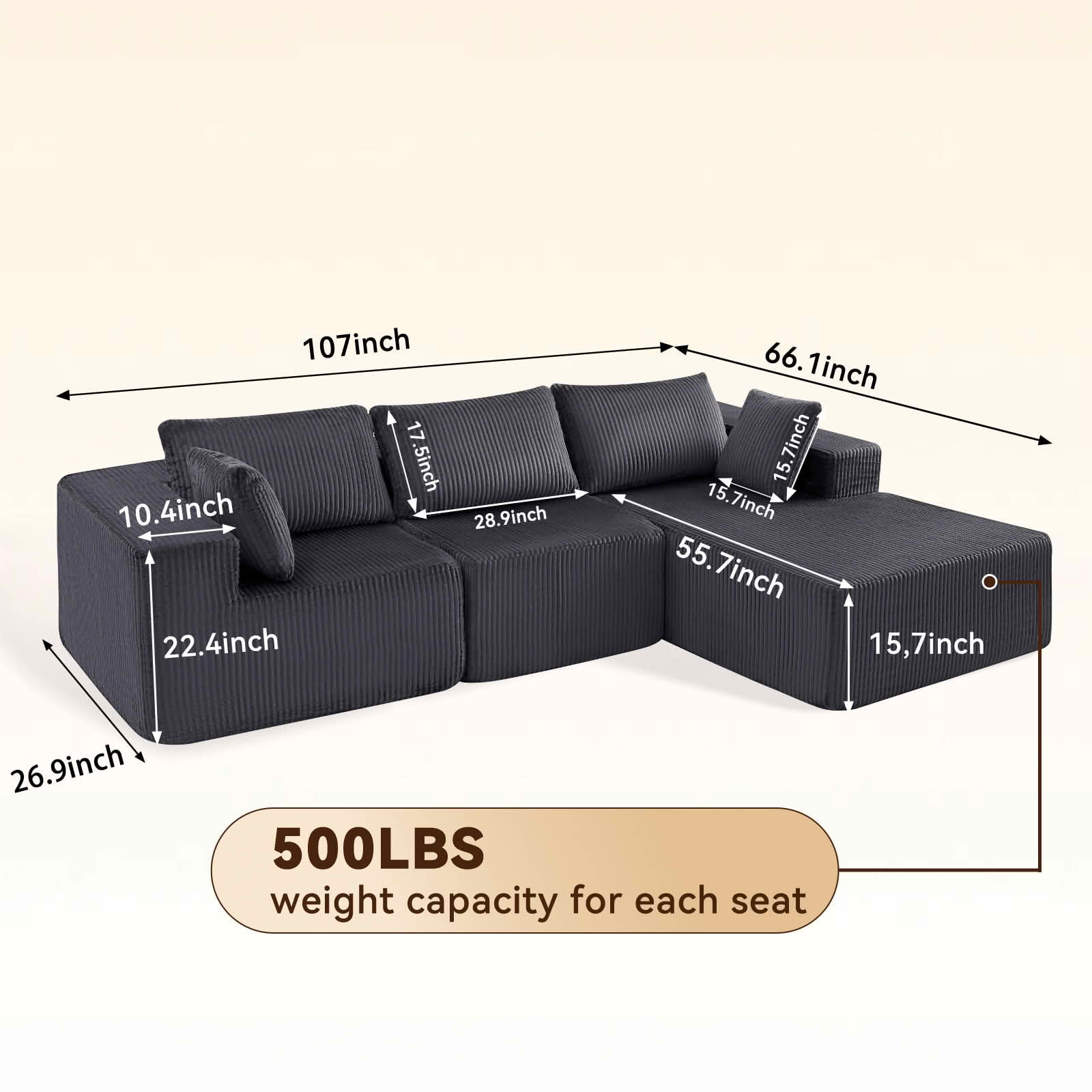 MAYEERTY 108-Inch Modern Modular L-Shaped Sofa, Upholstered Boneless Sofa with Lounge Chair