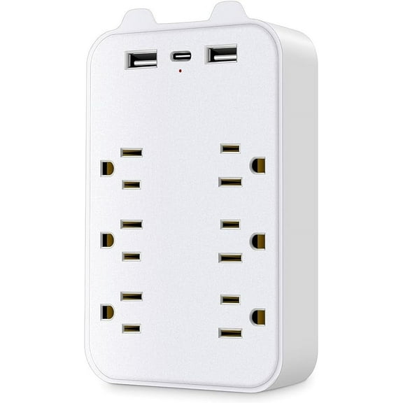 Basics 6 Outlet Extender Splitter with 3 USB Wall Charger(2 USB-C Ports), Multi Plug Outlet Power Strip for Home Ports 2.4A, Dorm Room Essentials