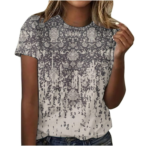 ICHUANYI Clearance Women's Short Sleeve Round Neck Printed Loose Tops Blouse T-shirt(Black, XXL) ICHUANYI WER2023080914236