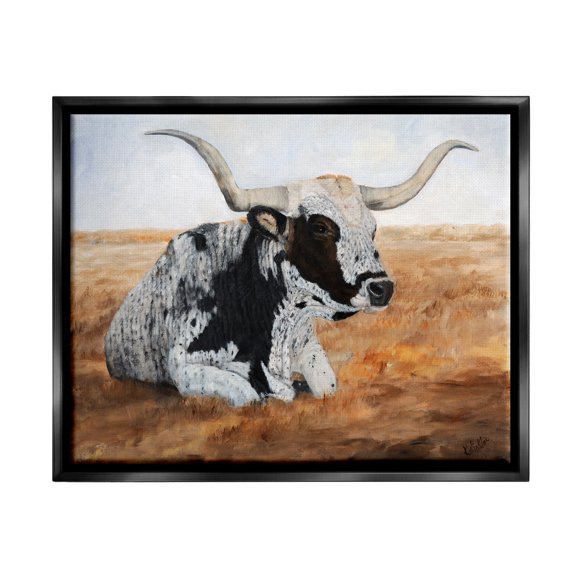 Stupell Longhorn Cattle Prairie Portrait Animals & Insects Painting Black Floater Framed Art Print Wall Art