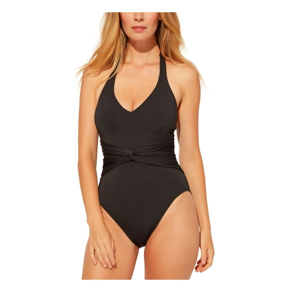 BLEU Women's Black Stretch Push-Up Twist-Front Tie Back-Neck Deep V Neck Moderate Coverage Halter One Piece Swimsuit 8