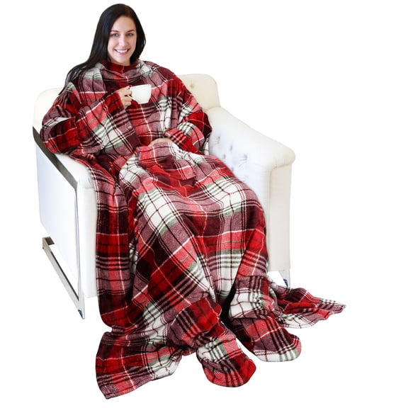 Catalonia Wearable Fleece Blanket with Sleeves and Foot Pockets for Adult Women and Men, Micro Plush Comfy Wrap Sleeved Throw Blanket Robe, Large, Red Plaid, 75" x 53"