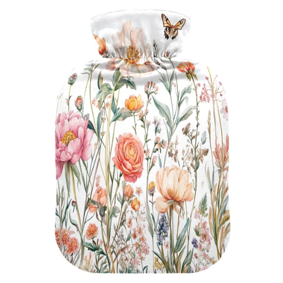 2L Hot Water Bottle with Soft Velvet Cover PVC Hot Water Bag for Pain Relief Long-Lasting Warmth Peonies and Wildflowers