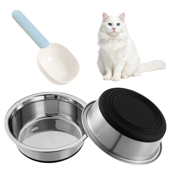 shuaien 2 Pack Non-Slip Stainless Steel Cat Bowls with Plastic Pet Food Scoop - BPA-Free, Anti-Skid Rubber Base, 7 Oz Capacity for Wet/Dry Food & Water, Shallow Design