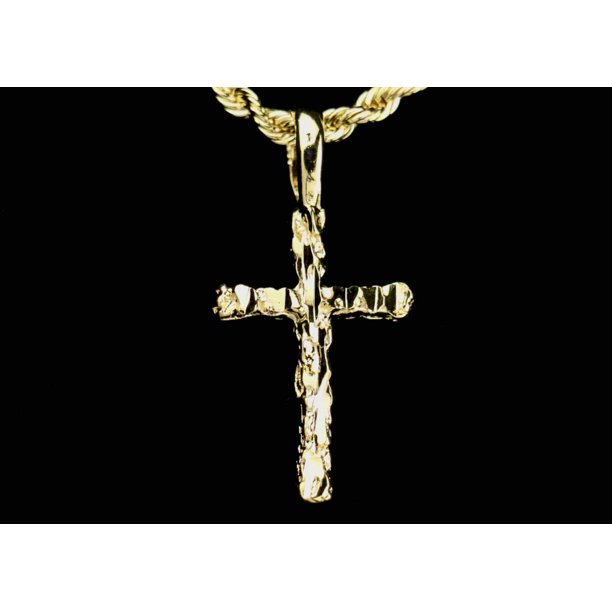 14k Bonded Gold Rope Chain with Nugget Cross Pendent & Gift Bag by Aria Jeweler