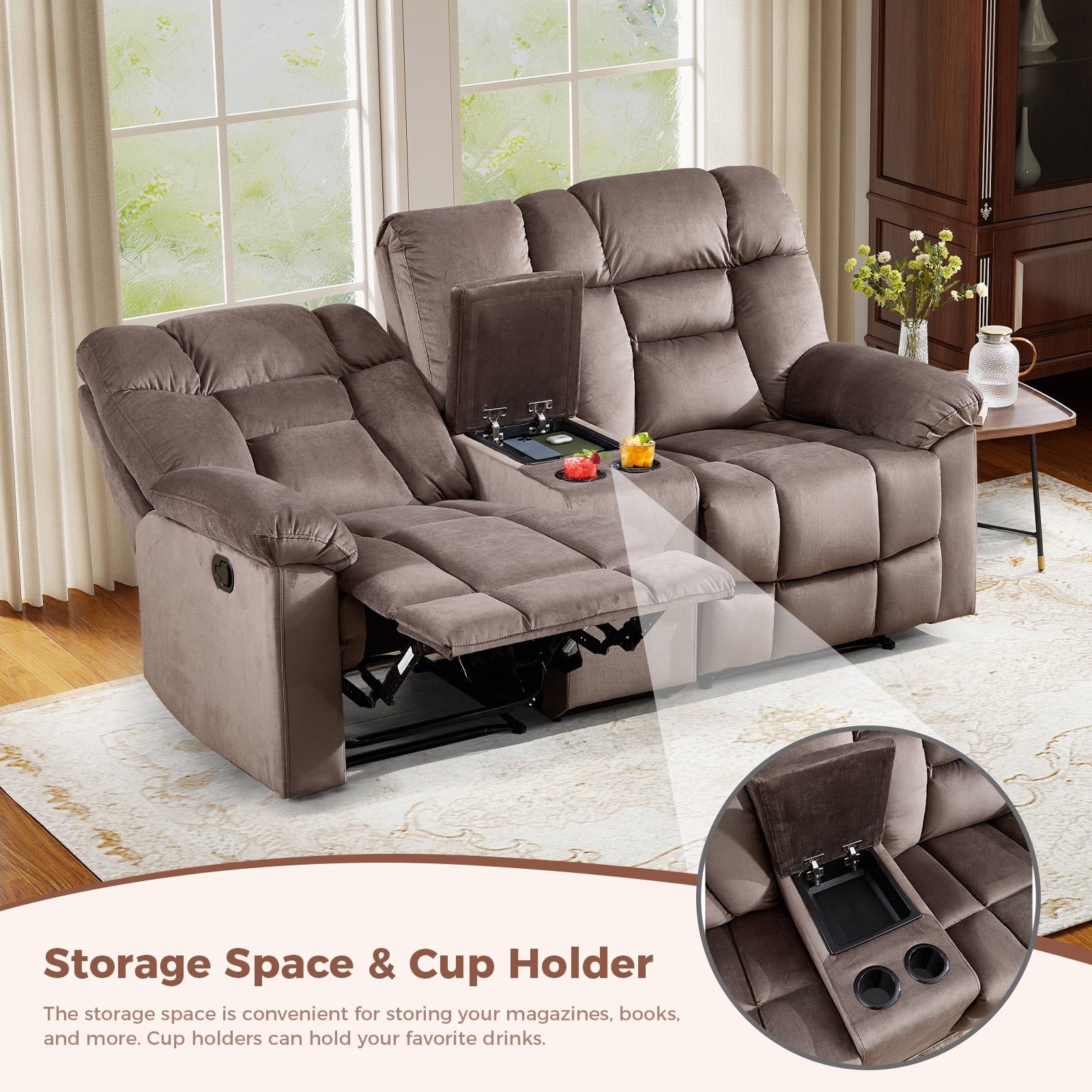 Bonzy Home Recliner Sofa Set — Reclining Loveseat & 3-Seat Sofa with Center Storage, Cup Holders & Wide Backrests, Brown