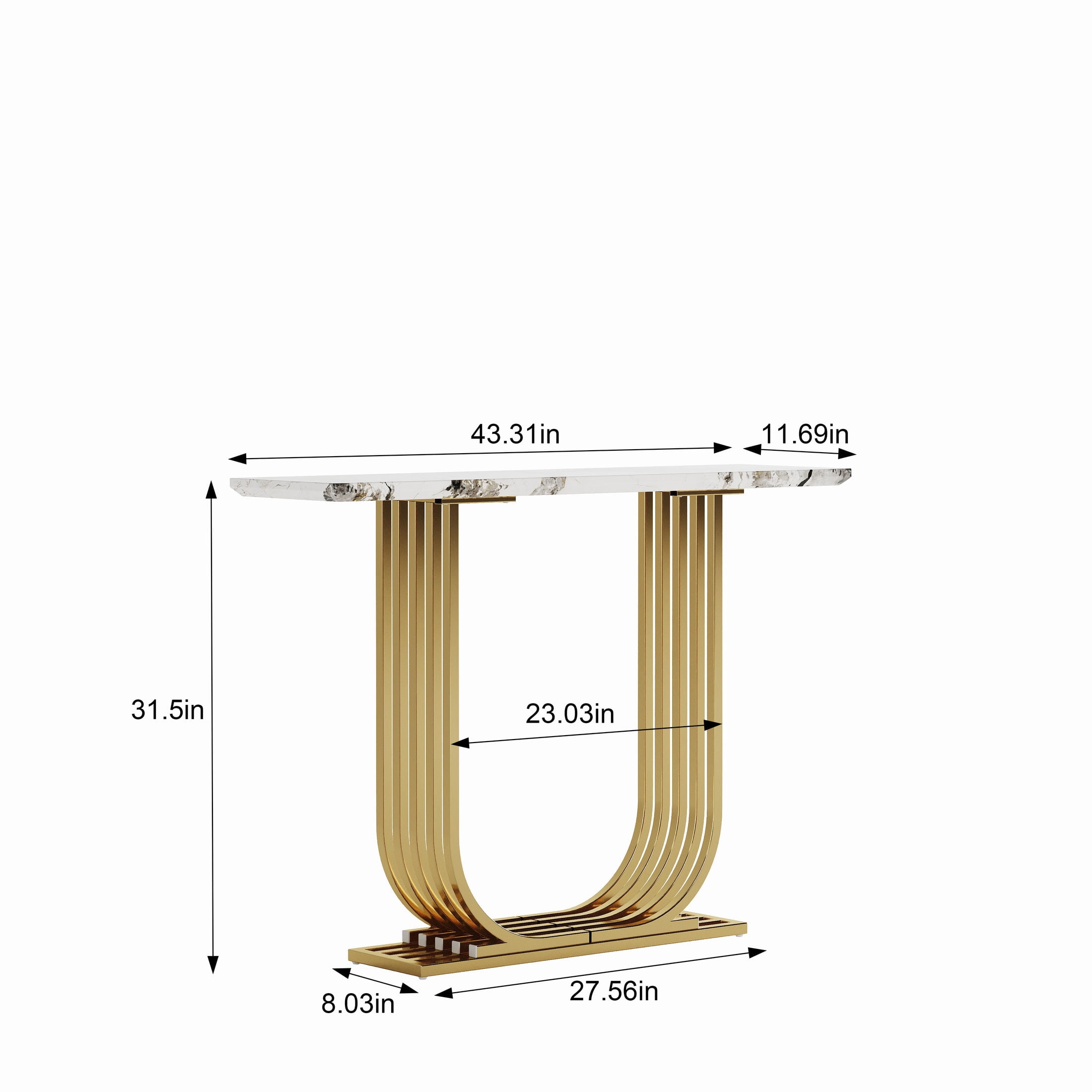 Noble House Nerwin 43.3" Modern Faux Marble Console Table with Gold U-Shaped Metal Frame, White & Gold